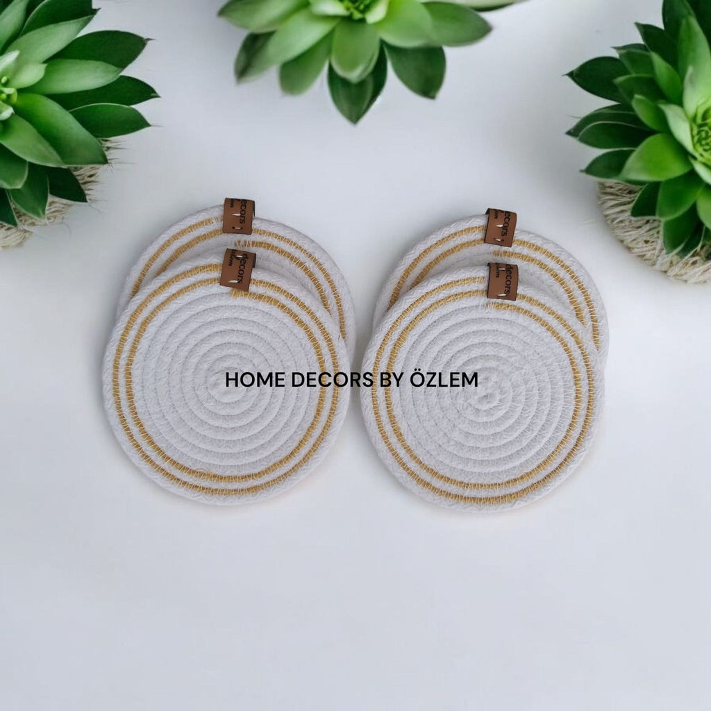 Beyaz Altın Çizgili 6 Adet Bardak Altlığı Fincan Altlığı Organizer Düzenleyici Handmade El Emeği - 14x14 cm