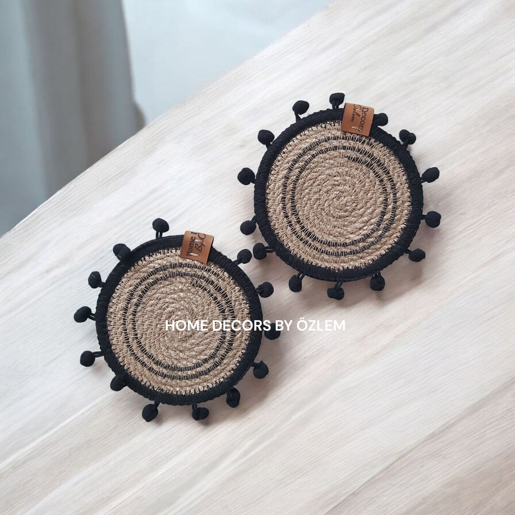 Hasır Siyah 6 Adet Bardak Altlığı Fincan Altlığı Organizer Düzenleyici Mutfak Salon El Emeği Handmade -