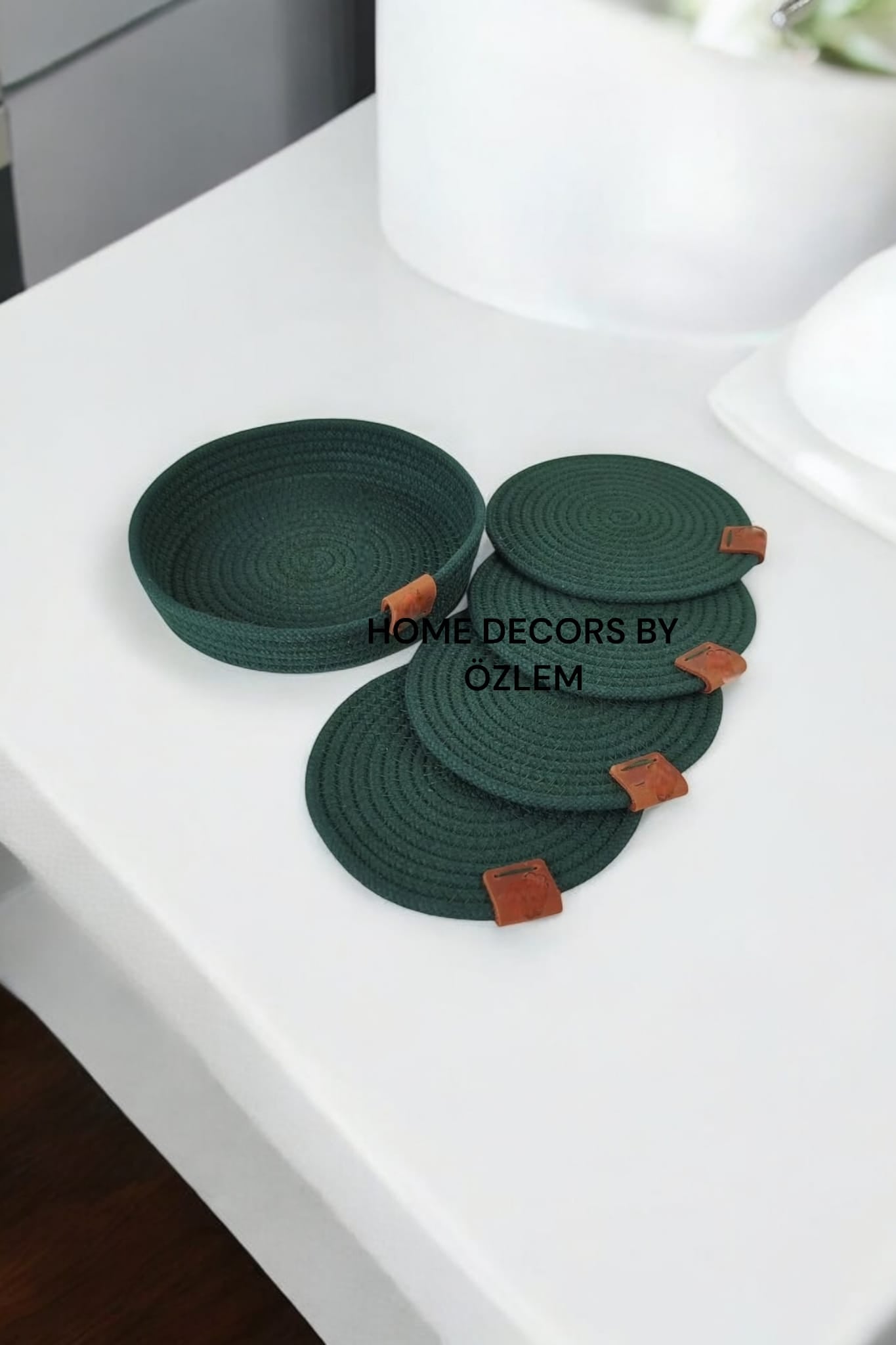 Koyu Yeşil (Çam Yeşili) 6 Adet Bardak Altlığı Fincan Altlığı Organizer Düzenleyici Handmade El Emeği - 12x12 cm