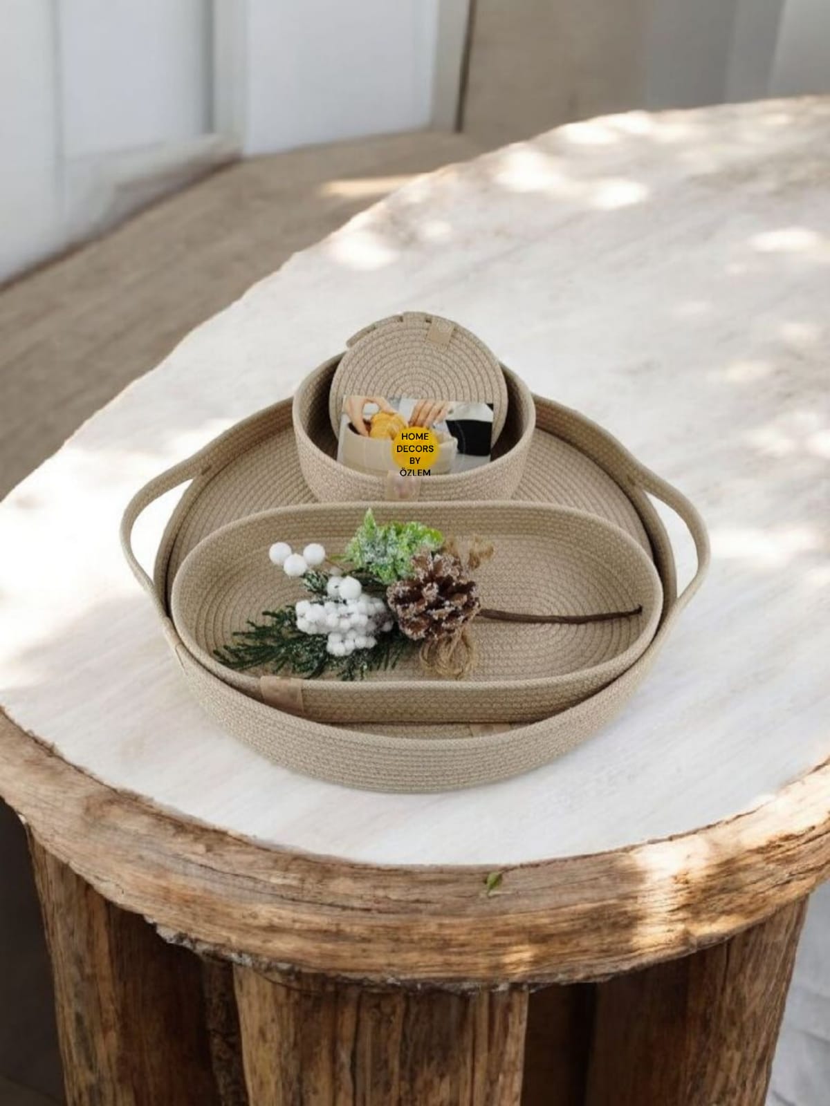 Bej 6 Kişilik 15 Parça Amerikan Servisi Supla Takımı Organizer Servis Saklama kutusu Hasır Sepet - Supla:33x33cm / Bardak Altlığı:12cm / Kulplu Yuvarlak Sepet:33x5cm / Oval Kapaklı Sepet: 30x16x5cm / Yuvarlak Sepet:18x7cm