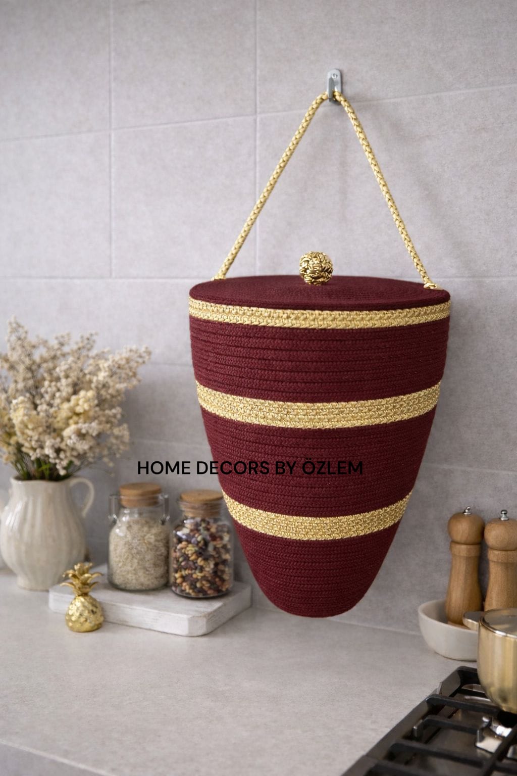 Bordo Altın (Gold) Poşetlik Kapaklı Poşetlik Organizer Düzenleyici Saklama Kutusu El Emeği Handmade - 30x25 cm