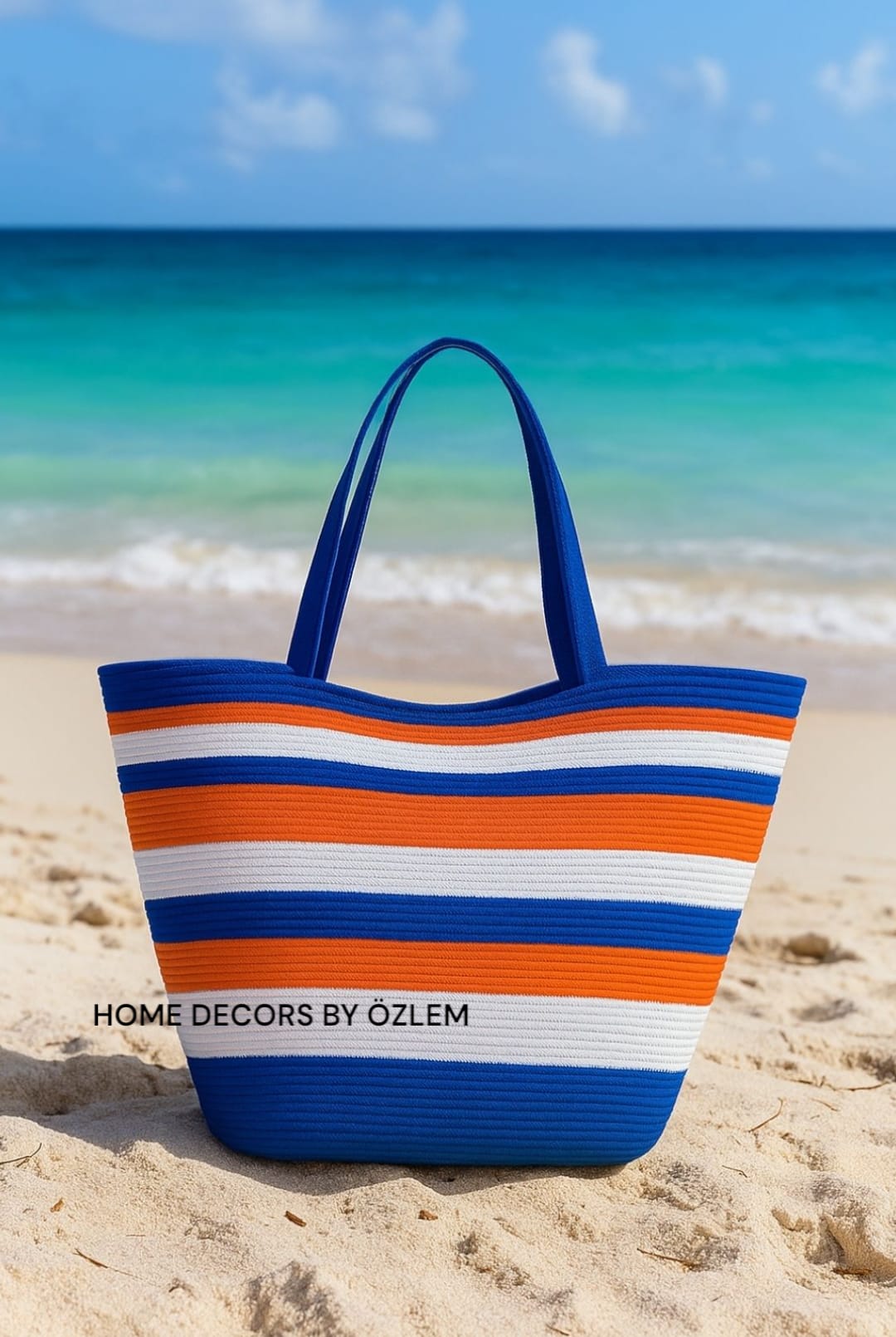 Saks Mavisi Beyaz Turuncu Omuz Çantası Plaj Çantası Günlük Çanta Hasır Çanta El Emeği Handmade - 40~42x30cm