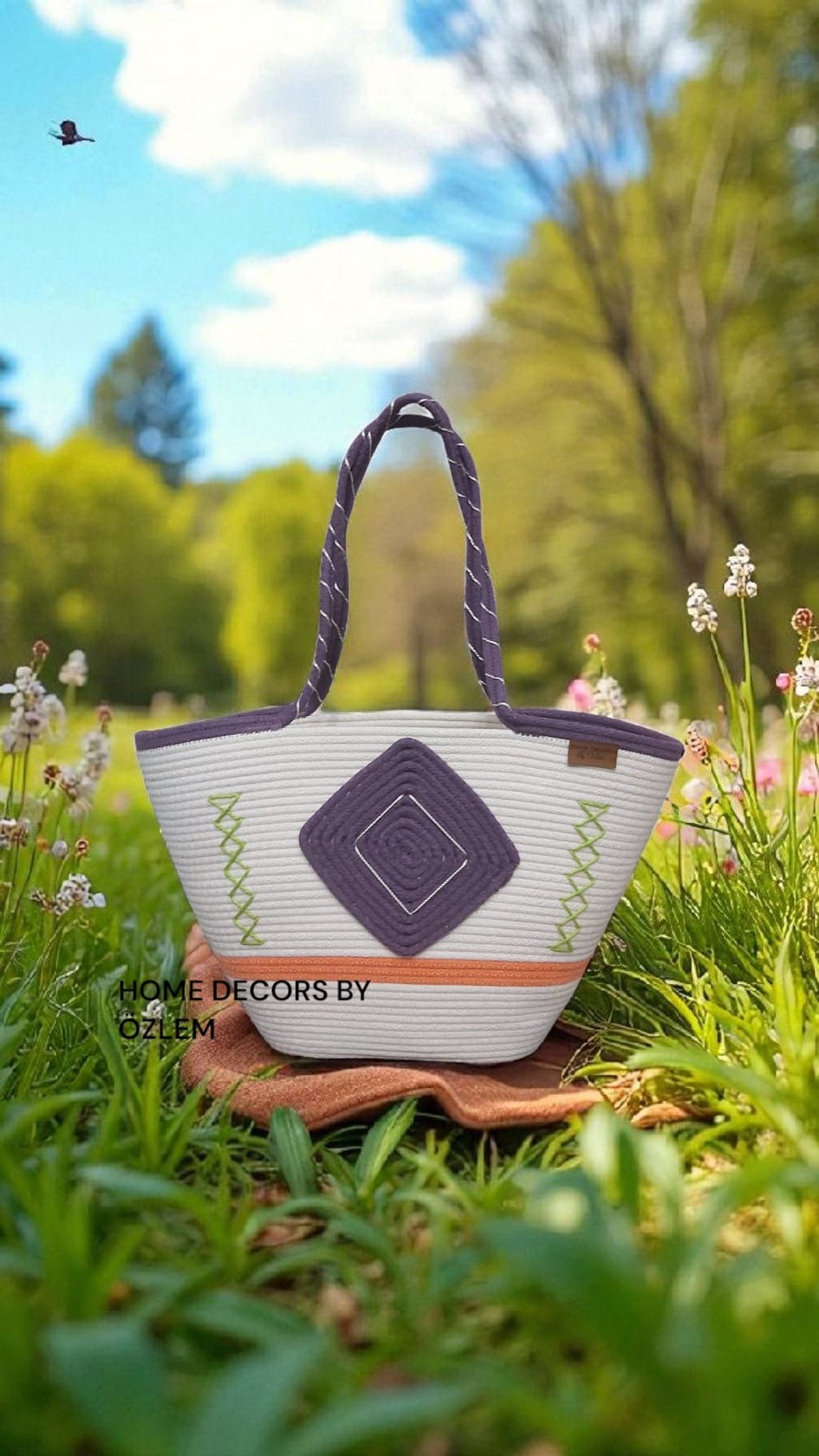 Mor Ekru Turuncu Omuz Çantası Plaj Çantası Hasır Çanta Günlük Çanta El Emeği Handmade - 40~42x30cm