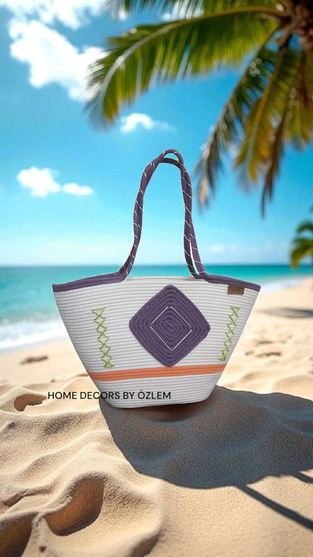 Mor Ekru Turuncu Omuz Çantası Plaj Çantası Hasır Çanta Günlük Çanta El Emeği Handmade - 40~42x30cm