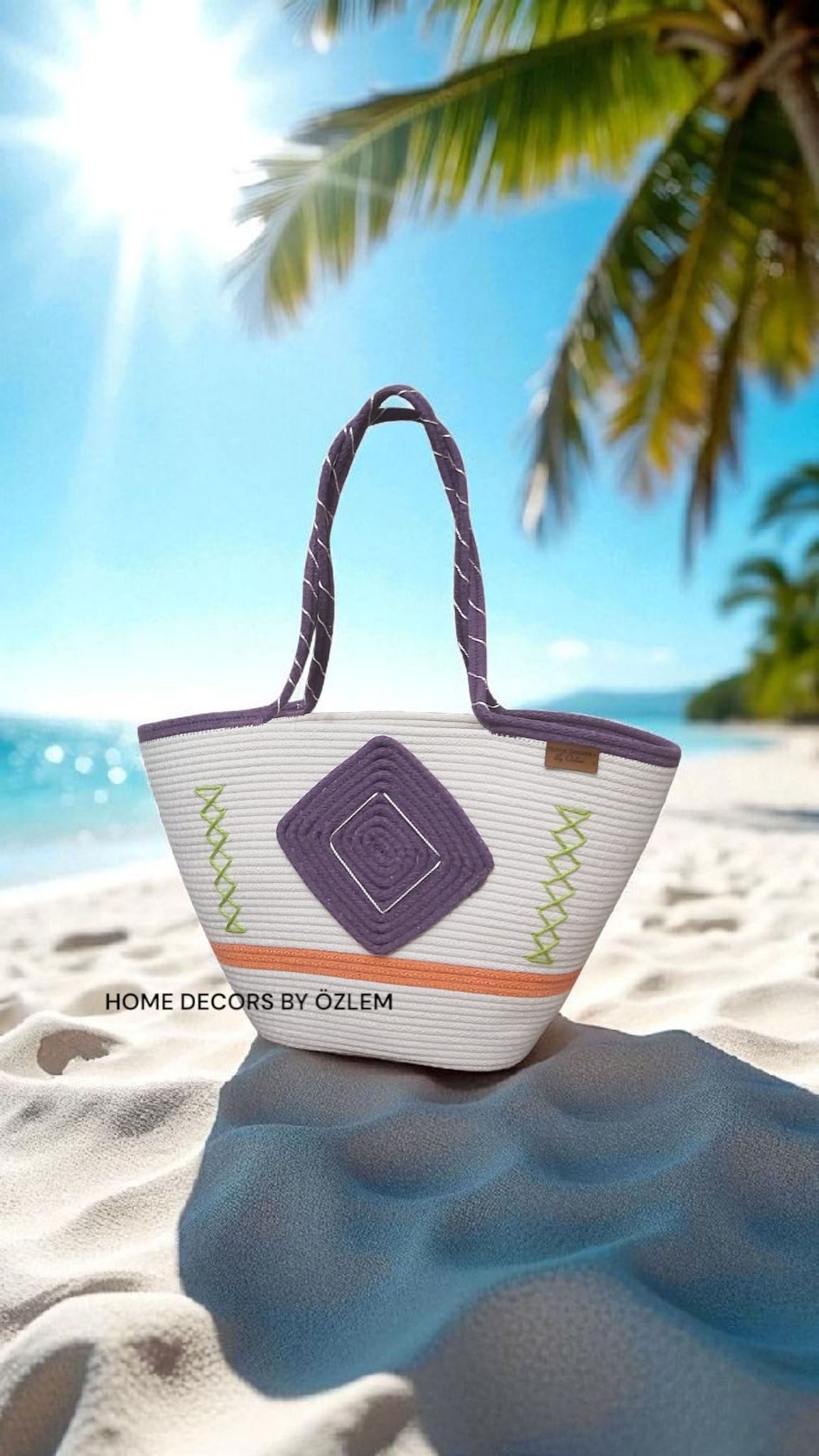 Mor Ekru Turuncu Omuz Çantası Plaj Çantası Hasır Çanta Günlük Çanta El Emeği Handmade - 40~42x30cm