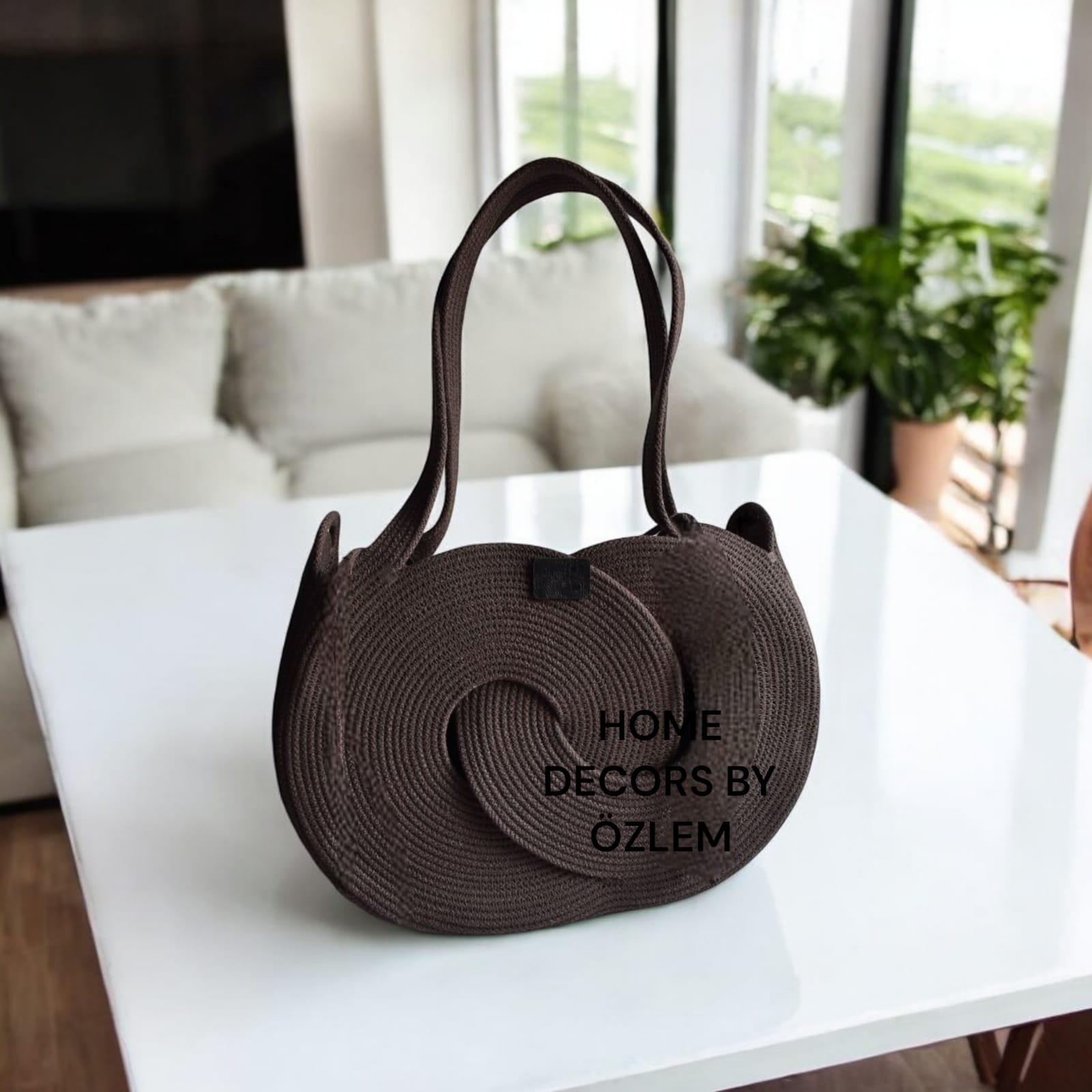 Acı Kahve El Kol Omuz Çantası Sonsuzluk Çantası Plaj Çantası Günlük Çanta Hasır Çanta El Emeği Handmade - 25x35cm