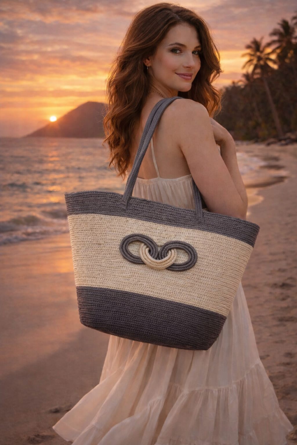 Antrasit Ekru Omuz Çantası Plaj Çantası Günlük Çanta Hasır Çanta El Emeği Handmade - 40~42x30cm