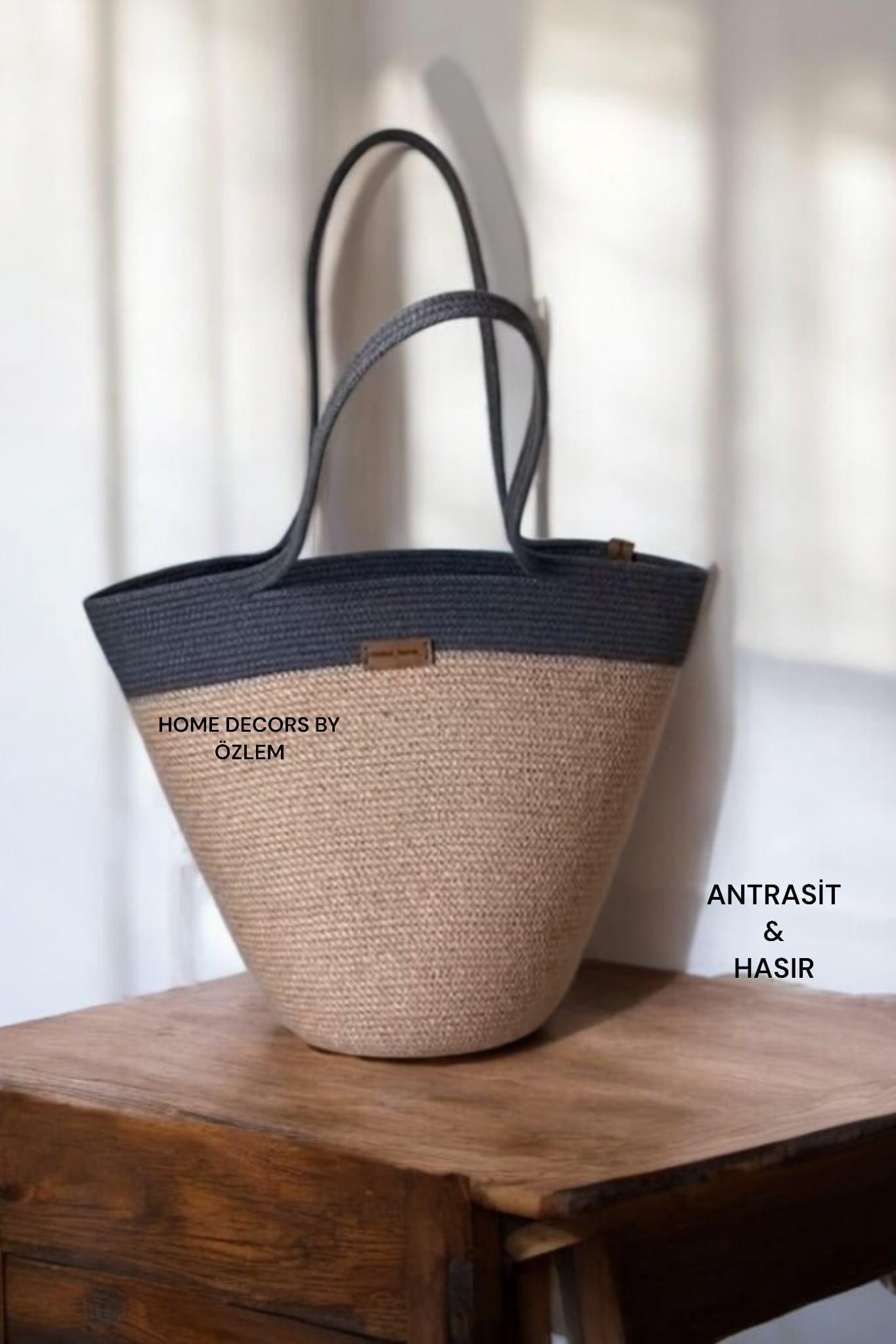 Hasır Antrasit Omuz Çantası Plaj Çantası Günlük Çanta Hasır Çanta El Emeği Handmade - 40~42x30cm