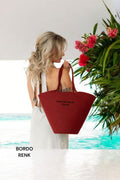 Bordo Omuz Çantası Plaj Çantası Günlük Çanta Hasır Çanta El Emeği Handmade - 40~42x30cm