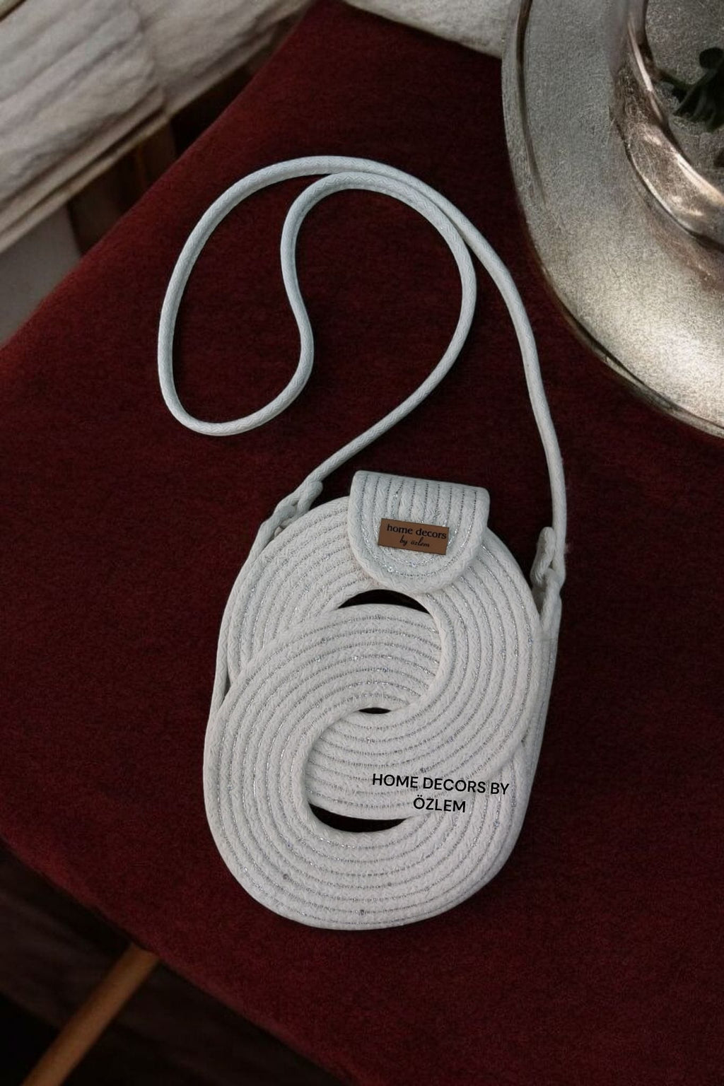 Telefon Çantası Işıltılı Ekru Pullu Sonsuzluk Çantası Hasır Omuz Çantası Günlük Çanta Spor Çanta El Emeği Handmade - 19x25 cm