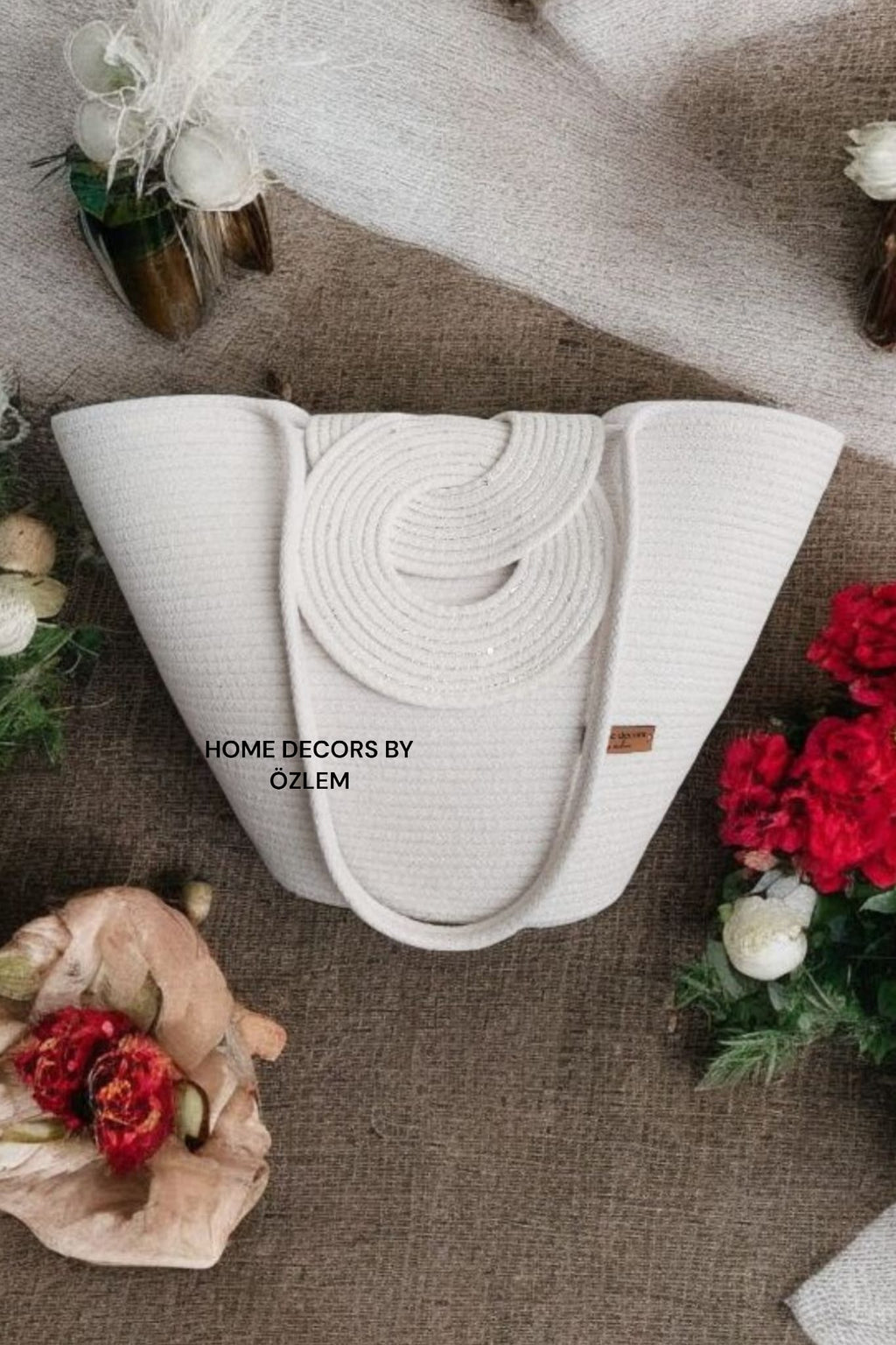Ekru Omuz Çantası Plaj Çantası Günlük Çanta Hasır Çanta El Emeği Handmade - 40~42x30cm