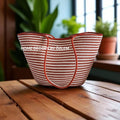 Kırmızı Ekru Çizgili Omuz Çantası Plaj Çantası Günlük Çanta Hasır Çanta El Emeği Handmade - 40~42x30cm