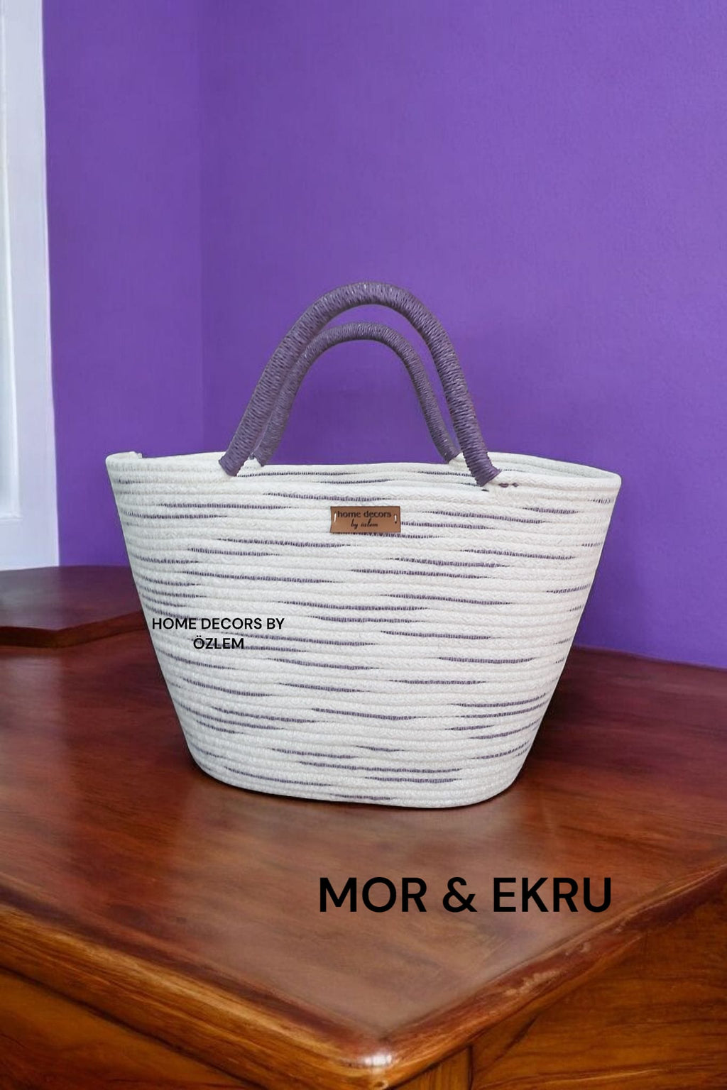 Ekru Mor Midi Boy El Kol Çantası Plaj Çantası Günlük Çanta Hasır Çanta El Emeği Handmade - 20x35cm