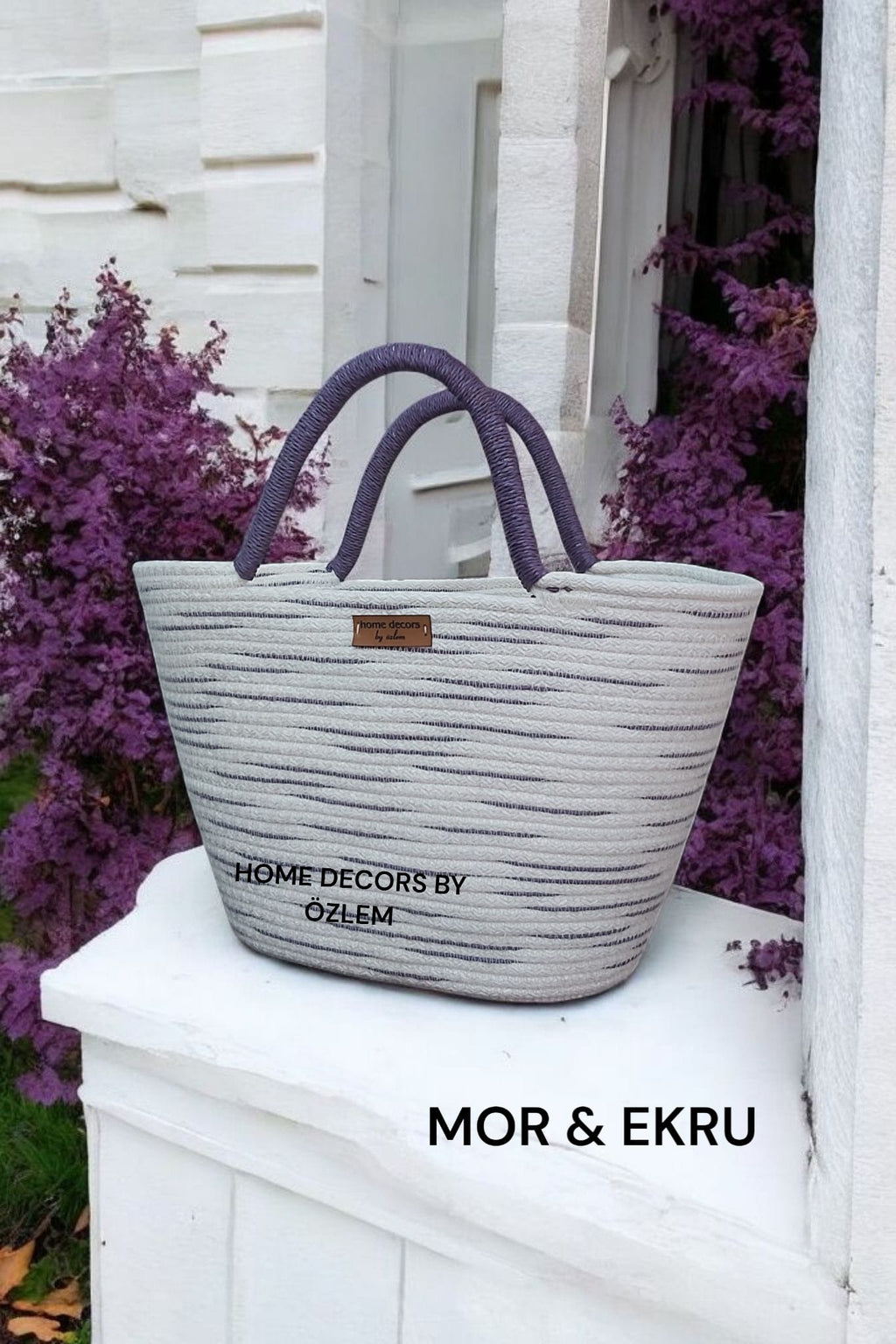 Ekru Mor Midi Boy El Kol Çantası Plaj Çantası Günlük Çanta Hasır Çanta El Emeği Handmade - 20x35cm