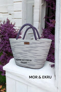 Ekru Mor Midi Boy El Kol Çantası Plaj Çantası Günlük Çanta Hasır Çanta El Emeği Handmade - 20x35cm