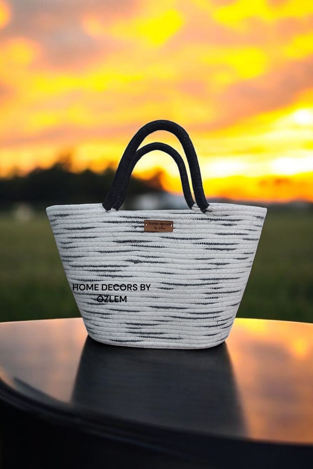 Ekru Siyah Midi Boy El Kol Çantası Plaj Çantası Günlük Çanta Hasır Çanta El Emeği Handmade - 20x35cm