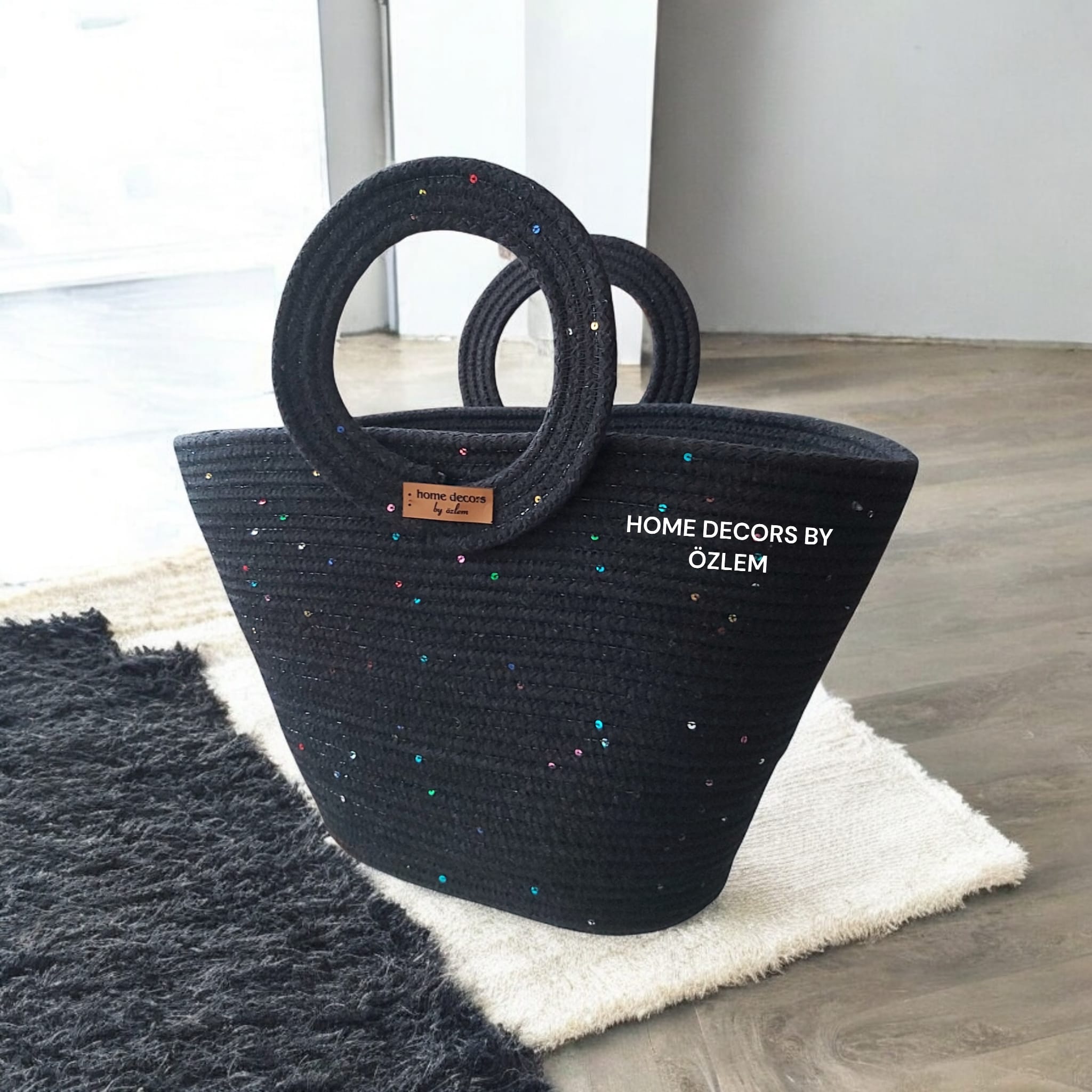 Siyah Pullu Işıltılı El Kol Plaj Çantası Günlük Çanta Hasır Çanta El Emeği Handmade - 20x35 cm