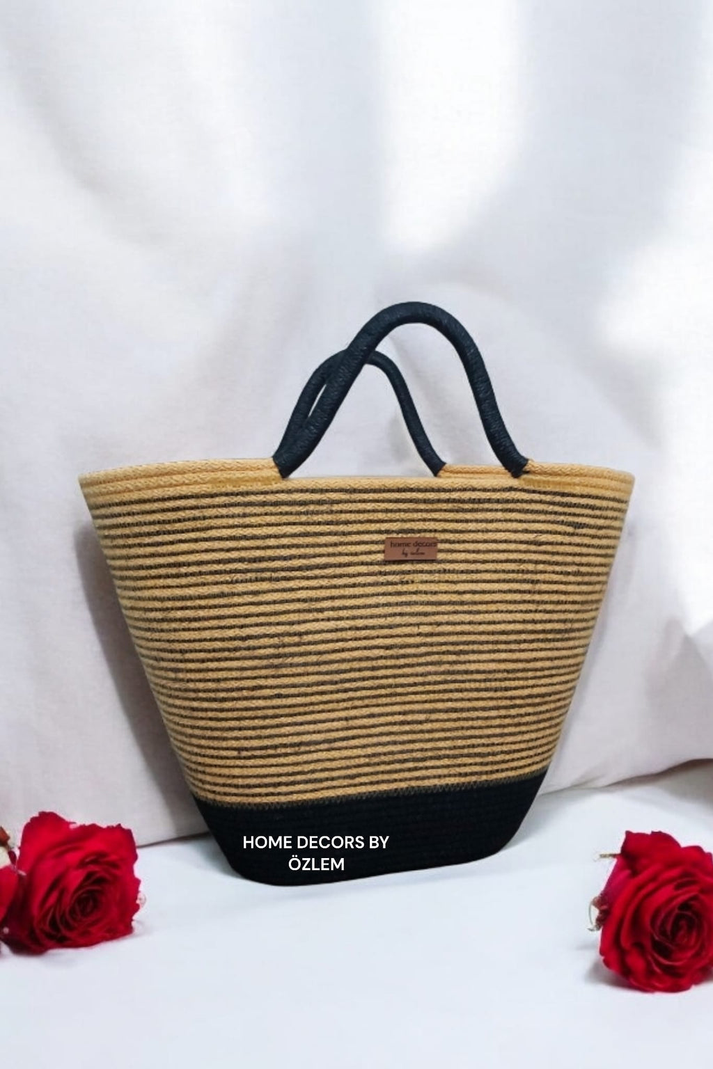 Sarı Siyah El Kol Plaj Çantası Günlük Çanta Hasır Çanta El Emeği Handmade - 40~42x30cm