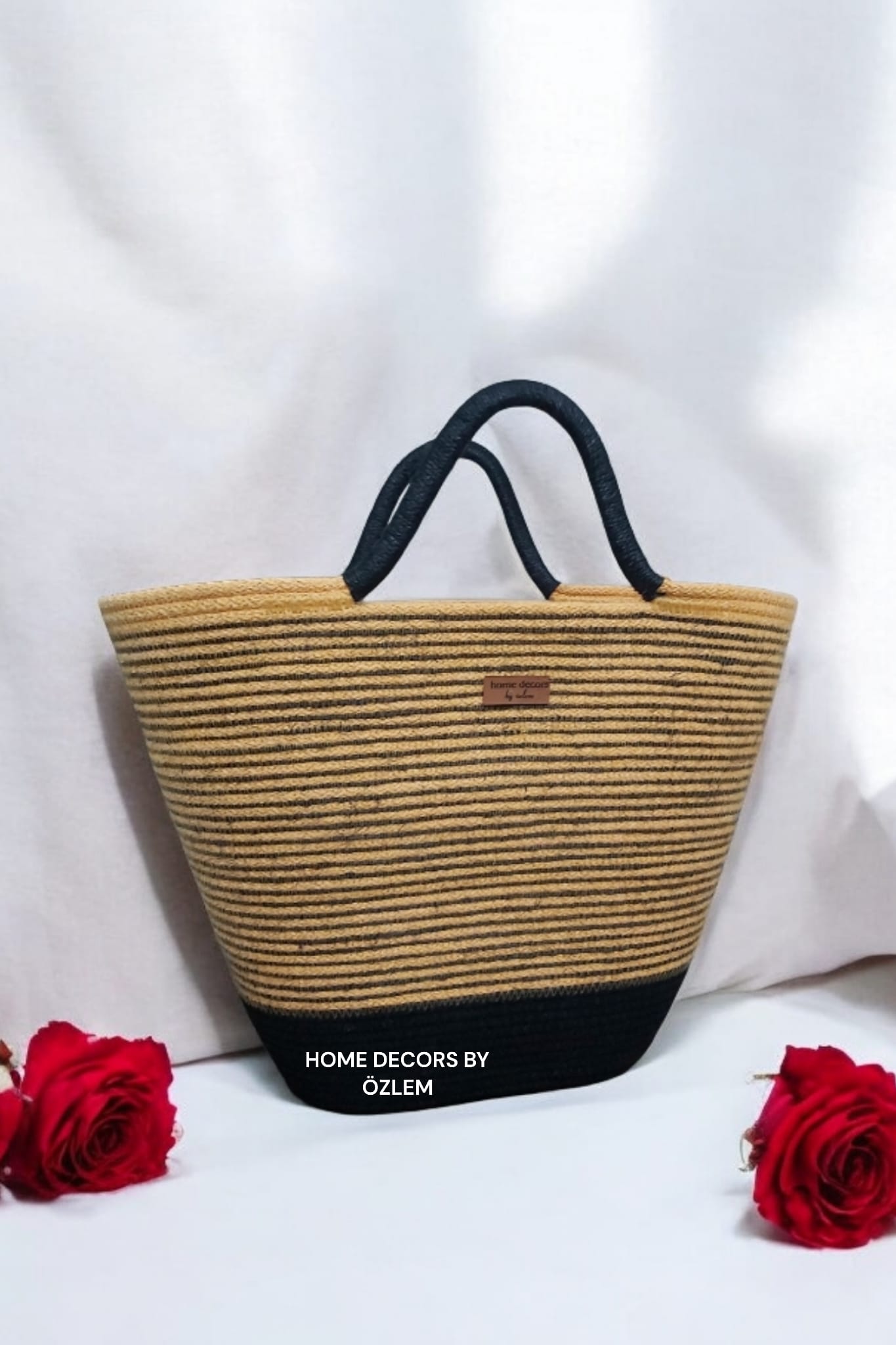 Sarı Siyah El Kol Plaj Çantası Günlük Çanta Hasır Çanta El Emeği Handmade - 40~42x30cm