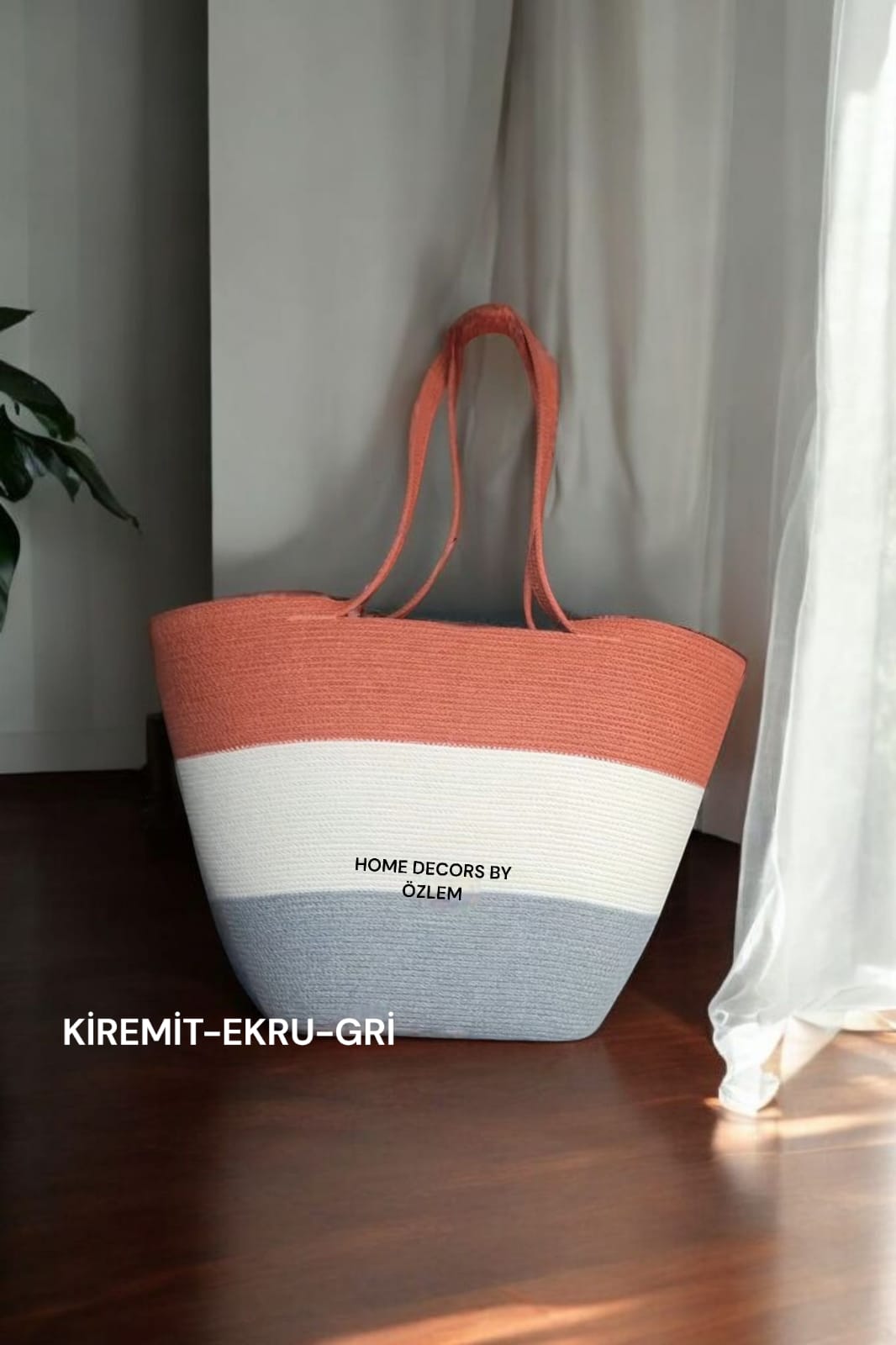 Gri Beyaz Kiremit Omuz Çantası Plaj Çantası Günlük Çanta Hasır Çanta El Emeği Handmade - 40~42x30cm