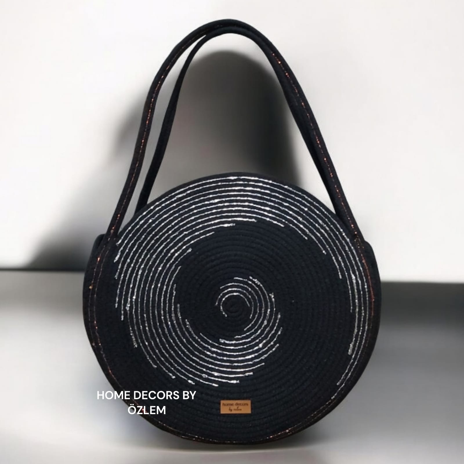 Siyah Gümüş El Kol Omuz Çantası Plaj Çantası Günlük Çanta Hasır Çanta El Emeği Handmade - Çap: 35 cm