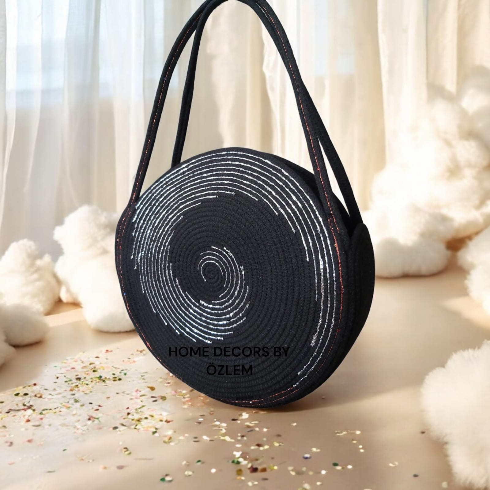 Siyah Gümüş El Kol Omuz Çantası Plaj Çantası Günlük Çanta Hasır Çanta El Emeği Handmade - Çap: 35 cm