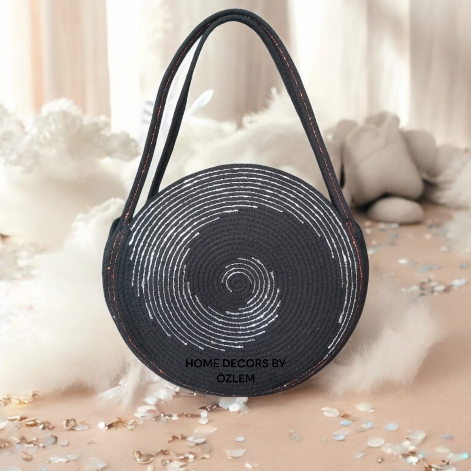 Siyah Gümüş El Kol Omuz Çantası Plaj Çantası Günlük Çanta Hasır Çanta El Emeği Handmade - Çap: 35 cm