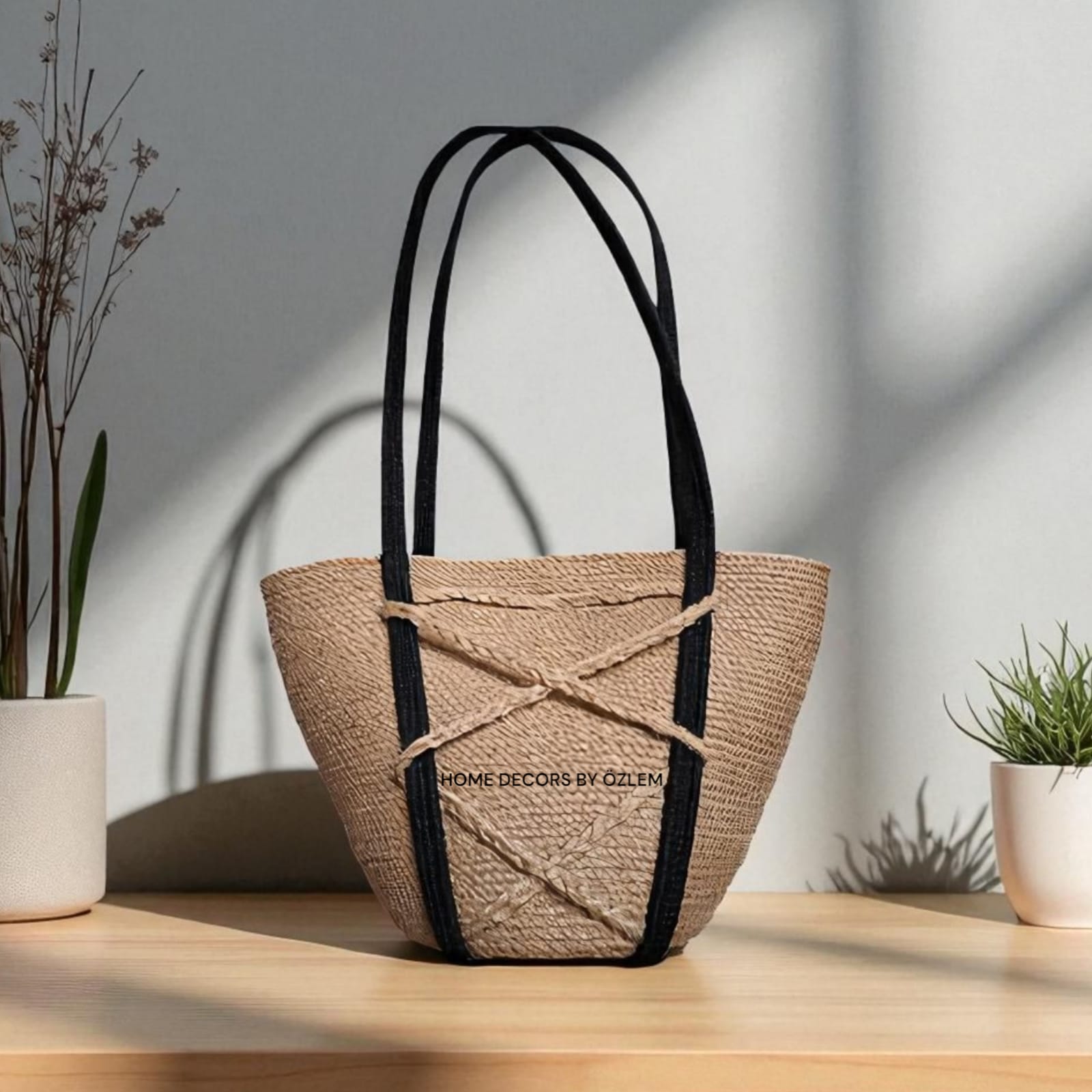 Hasır Siyah Omuz Çantası Plaj Çantası Günlük Çanta Hasır Çanta El Emeği Handmade - 40~42x30cm