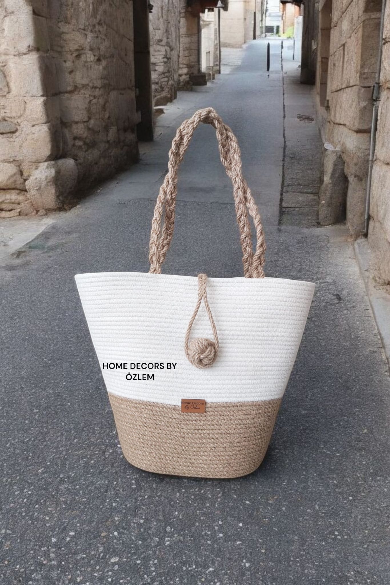 Ekru Hasır Omuz Çantası Plaj Çantası Günlük Çanta Hasır Çanta El Emeği Handmade - 40~42x30cm