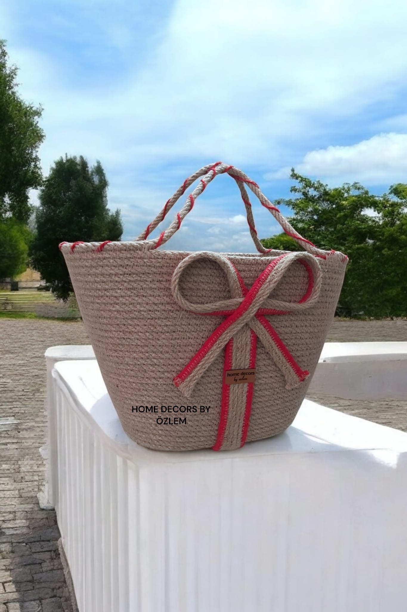 Hasır Kırmızı El Kol Plaj Çantası Günlük Çanta Hasır Çanta El Emeği Handmade - 20x35 cm
