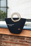 Siyah Hasır El Kol Çantası Plaj Çantası Günlük Çanta Hasır Çanta El Emeği Handmade - 40~42x30cm
