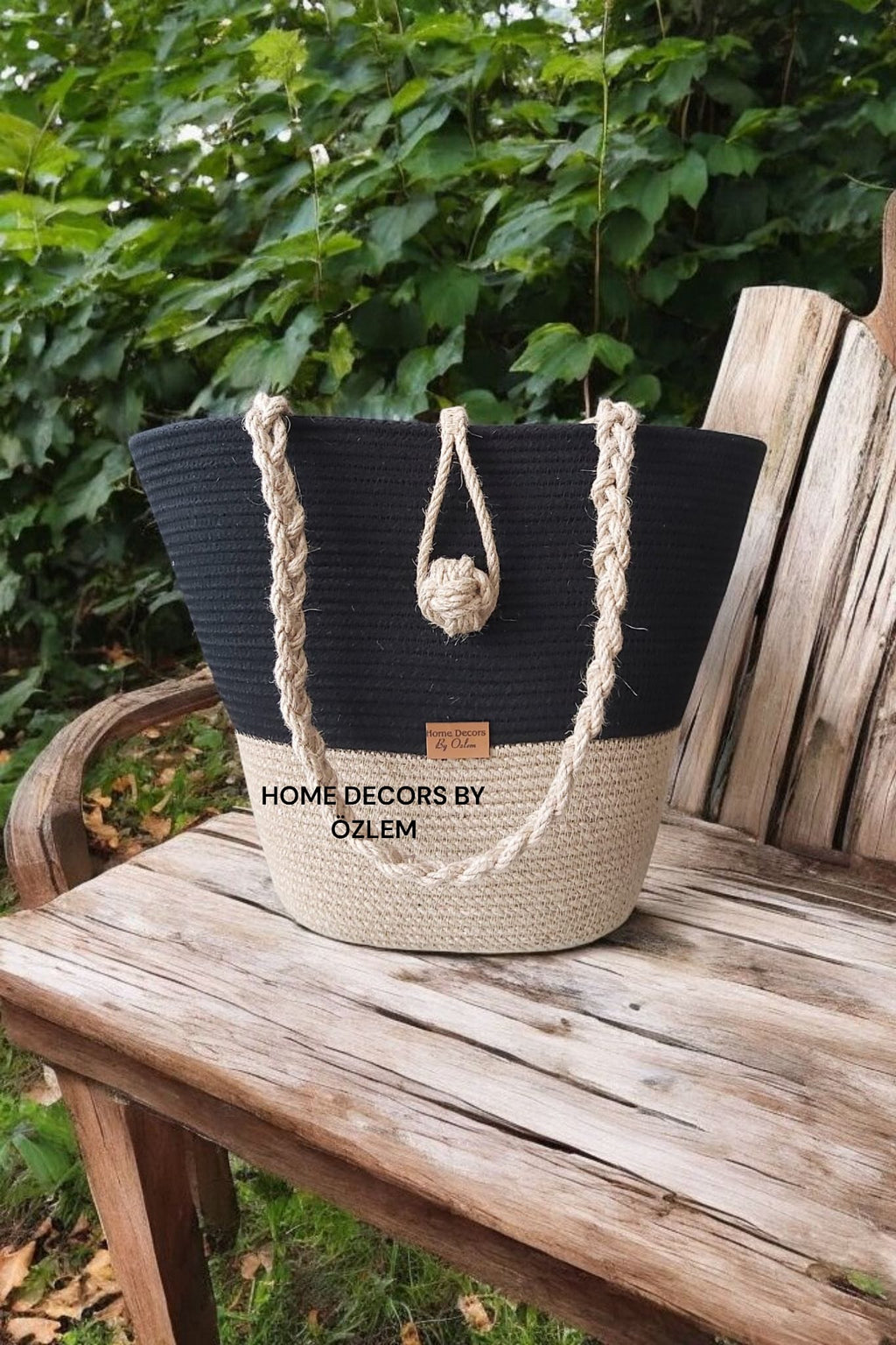 Siyah Hasır Omuz Çantası Plaj Çantası Günlük Çanta Hasır Çanta El Emeği Handmade - 40~42x30cm