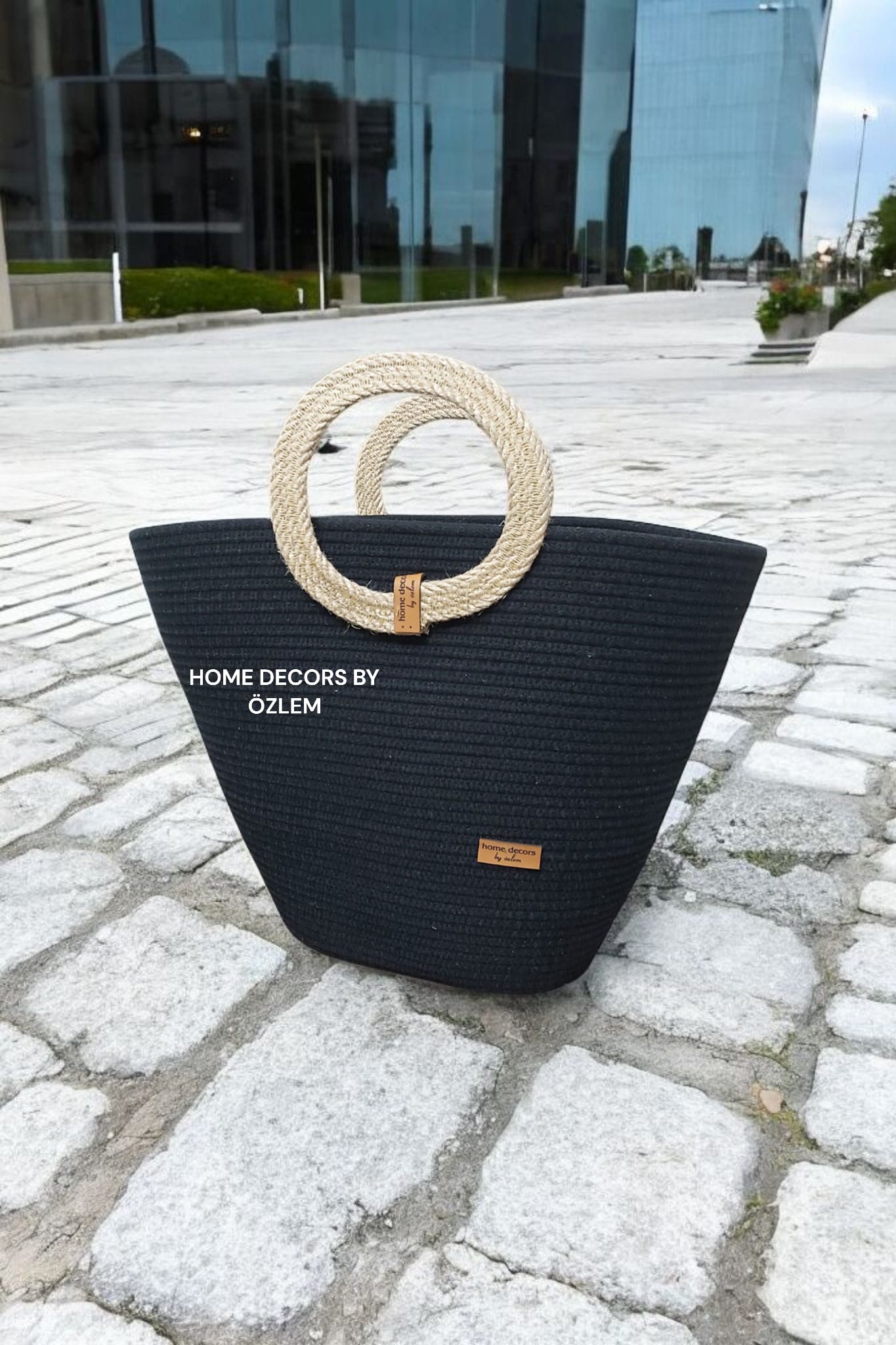 Siyah Hasır El Kol Çantası Plaj Çantası Günlük Çanta Hasır Çanta El Emeği Handmade - 40~42x30cm