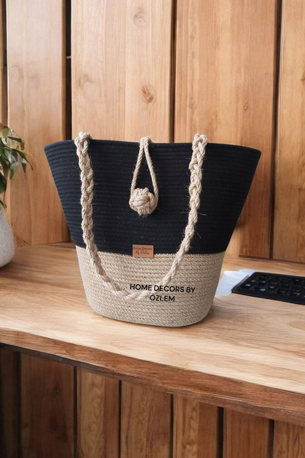 Siyah Hasır Omuz Çantası Plaj Çantası Günlük Çanta Hasır Çanta El Emeği Handmade - 40~42x30cm