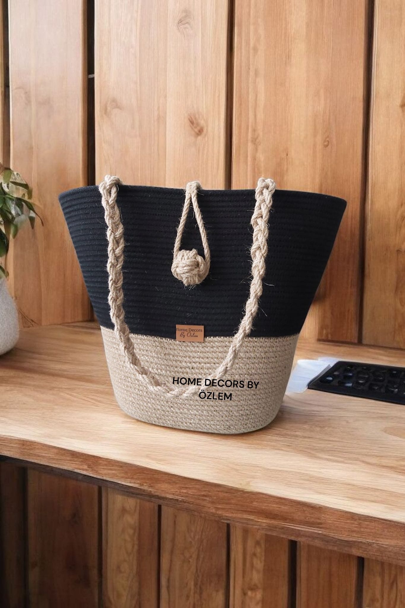 Siyah Hasır Omuz Çantası Plaj Çantası Günlük Çanta Hasır Çanta El Emeği Handmade - 40~42x30cm
