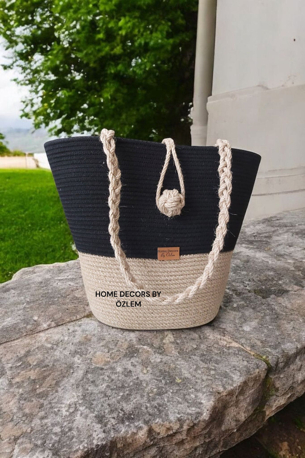 Siyah Hasır Omuz Çantası Plaj Çantası Günlük Çanta Hasır Çanta El Emeği Handmade - 40~42x30cm
