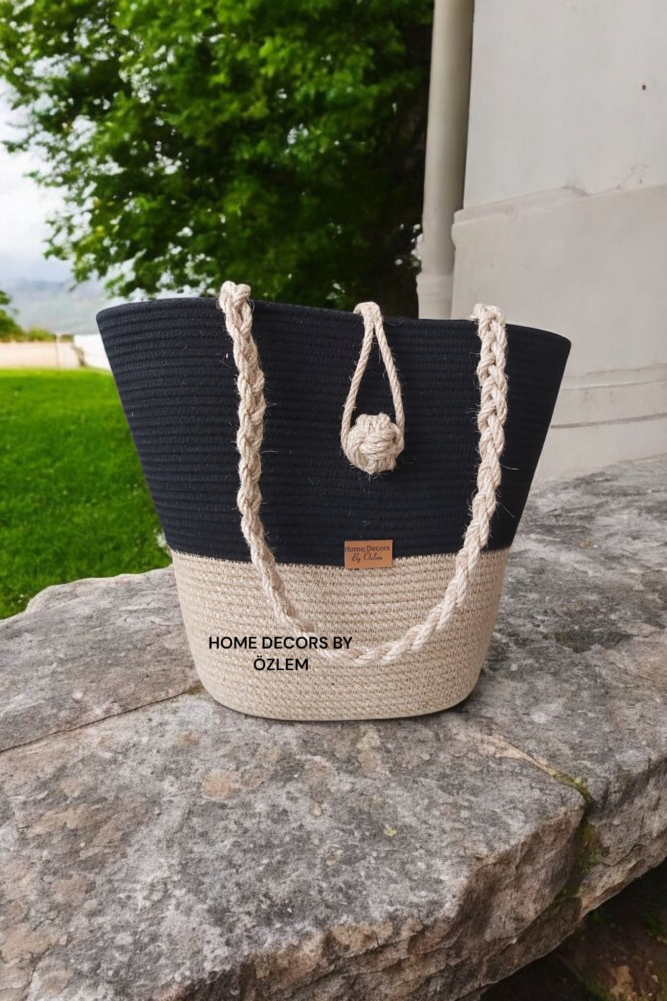 Siyah Hasır Omuz Çantası Plaj Çantası Günlük Çanta Hasır Çanta El Emeği Handmade - 40~42x30cm