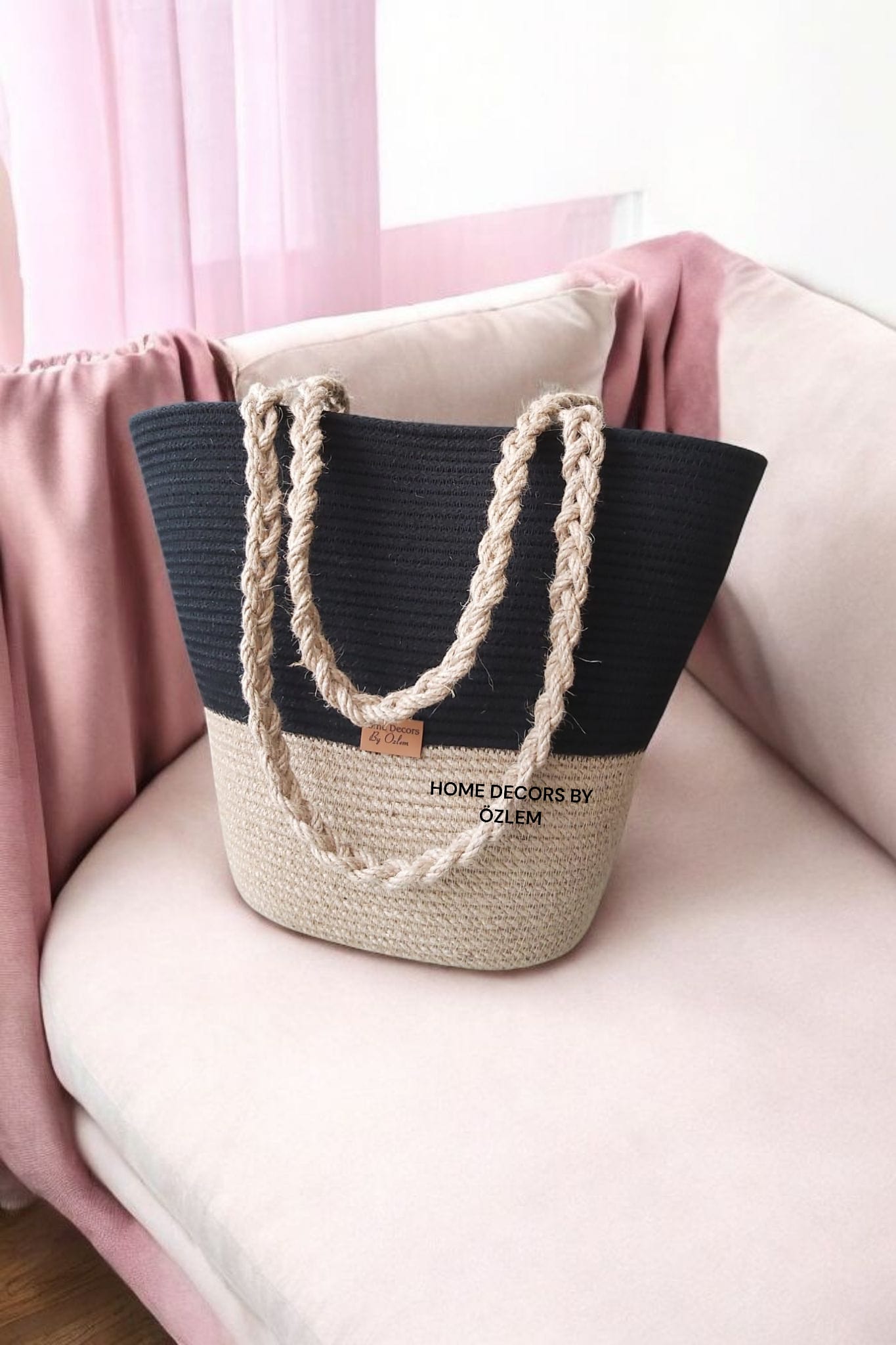 Hasır Siyah Örgülü Omuz Çantası Plaj Çantası Günlük Çanta Hasır Çanta El Emeği Handmade - 40~42x30cm