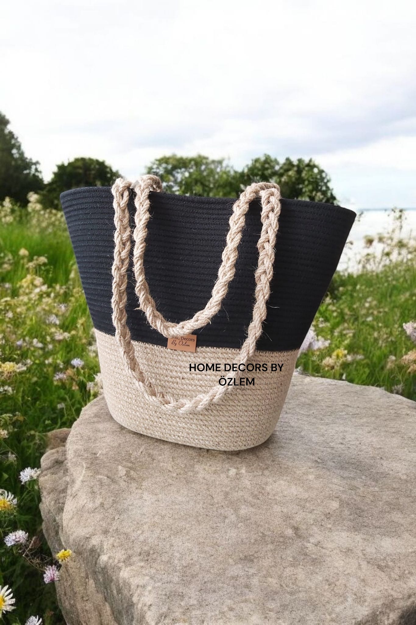 Hasır Siyah Örgülü Omuz Çantası Plaj Çantası Günlük Çanta Hasır Çanta El Emeği Handmade - 40~42x30cm