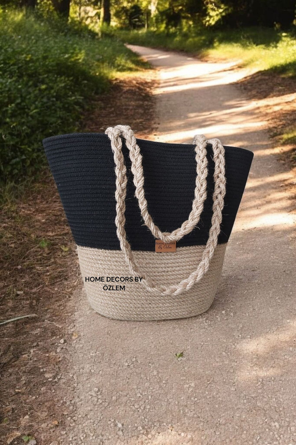 Hasır Siyah Örgülü Omuz Çantası Plaj Çantası Günlük Çanta Hasır Çanta El Emeği Handmade - 40~42x30cm