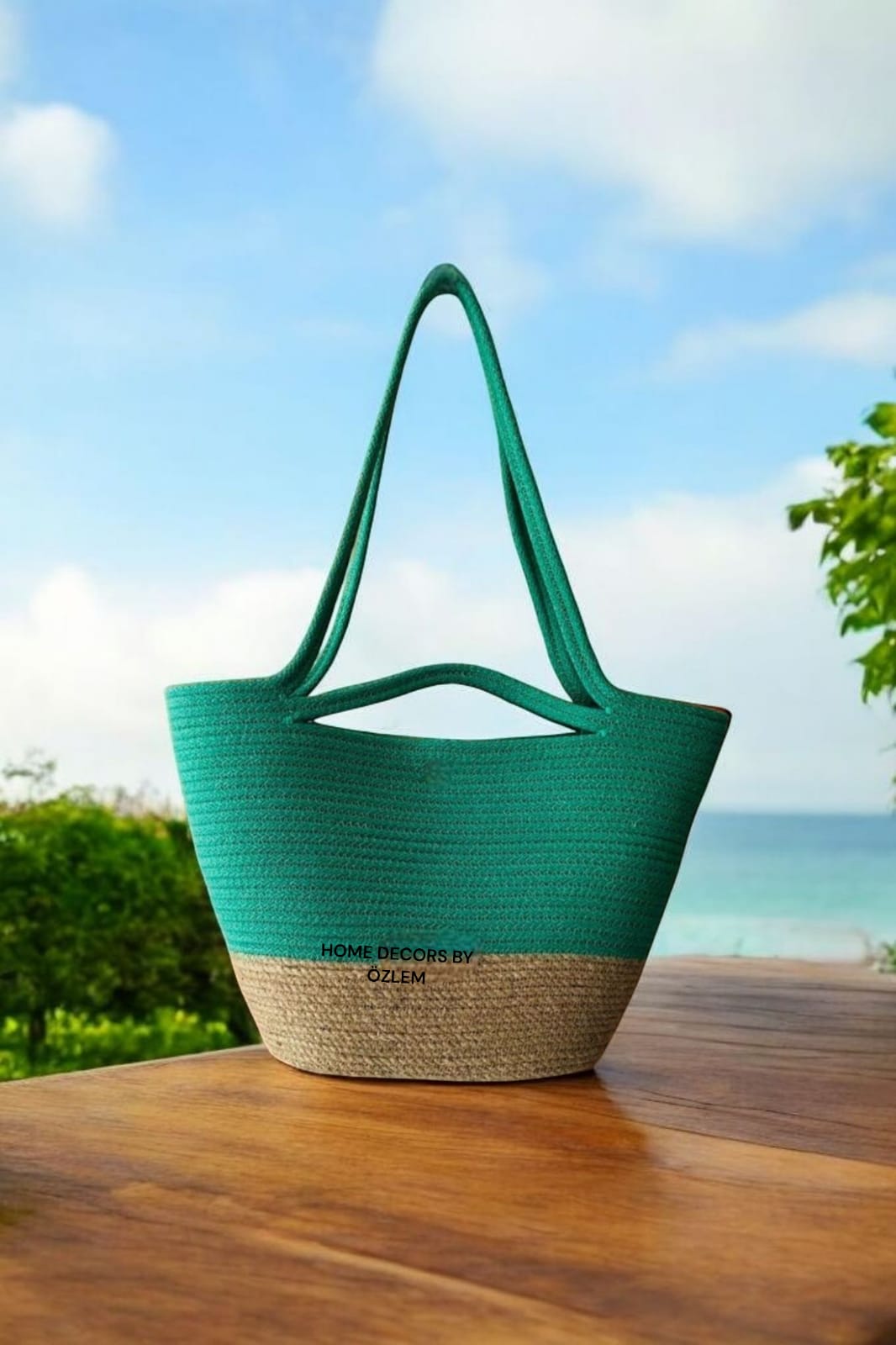 Hasır Yeşil Omuz Çantası Plaj Çantası Günlük Çanta Hasır Çanta El Emeği Handmade - 40~42x30cm