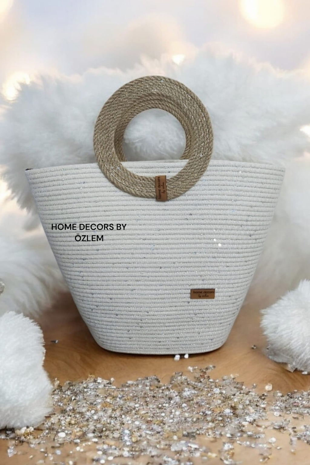 Işıltılı Hasır Ekru El Kol Plaj Çantası Günlük Çanta Hasır Çanta El Emeği Handmade - 40~42x30cm