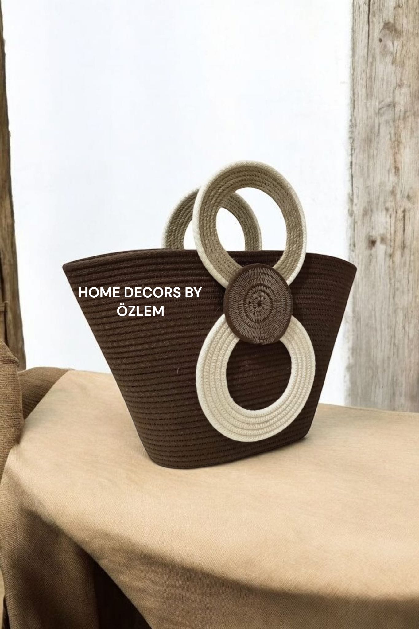 Kahverengi Ekru Hasır El Kol Plaj Çantası Günlük Çanta Hasır Çanta El Emeği Handmade - 40~42x30cm