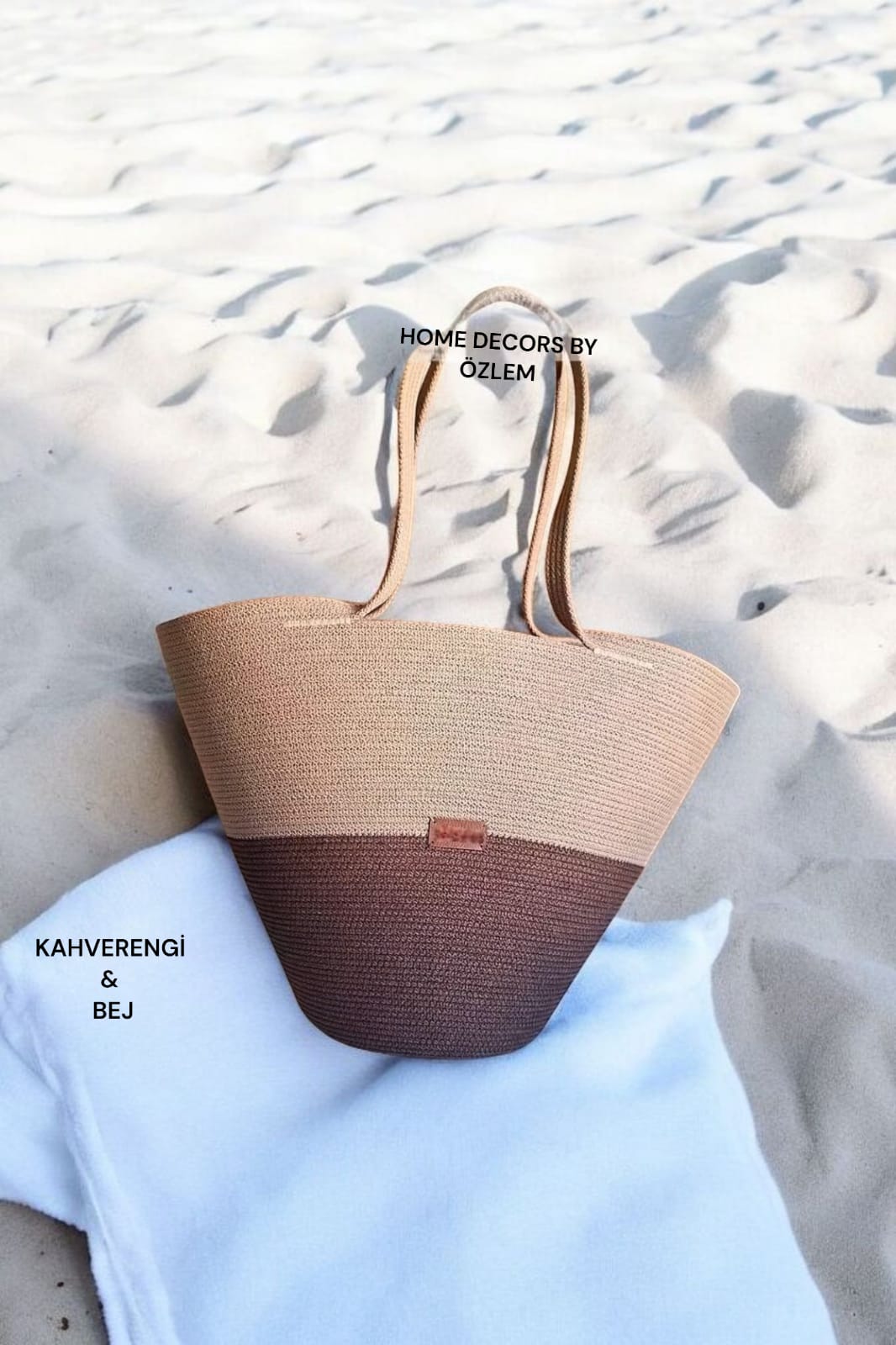 Kahverengi Bej Omuz Çantası Plaj Çantası Günlük Çanta Hasır Çanta El Emeği Handmade - 40~42x30cm