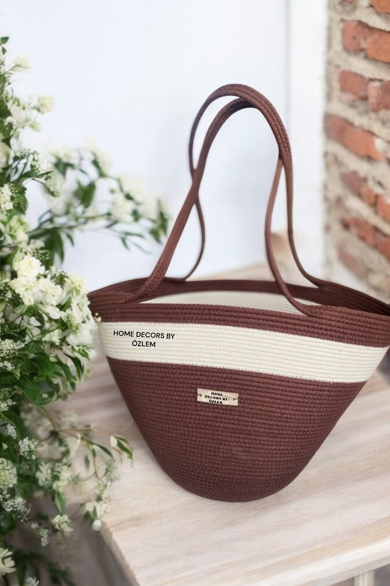 Kahverengi Ekru Omuz Çantası Plaj Çantası Günlük Çanta Hasır Çanta El Emeği Handmade - 40~42x30cm