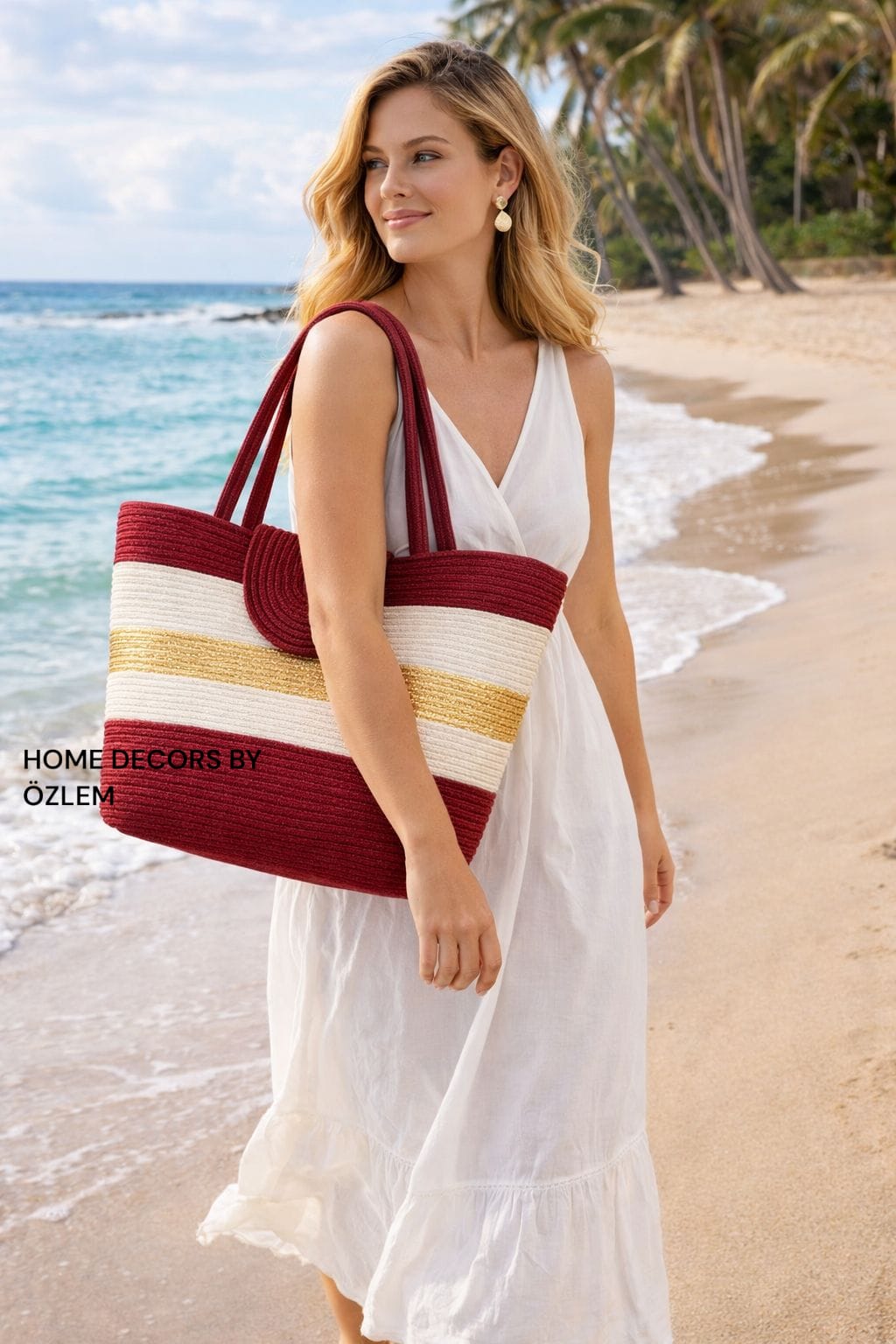 Bordo Ekru Gold Omuz Çantası Plaj Çantası Günlük Çanta Hasır Çanta El Emeği Handmade - 40~45x30cm