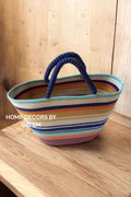 Saks Mavisi Karışık Renk El Kol Omuz Çantası Plaj Çantası Günlük Çanta Hasır Çanta El Emeği Handmade - 40~42x30cm