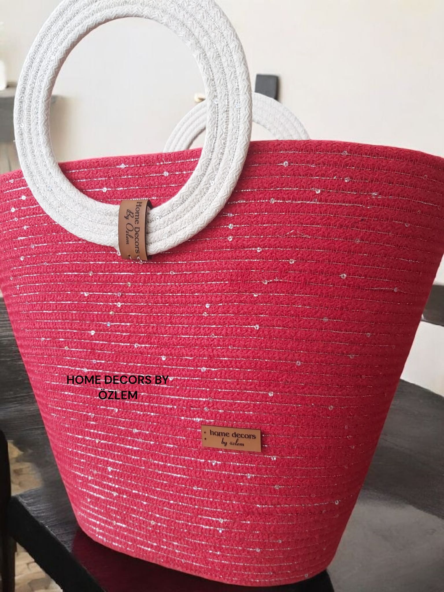 Kırmızı Ekru Işıltılı El Kol Plaj Çantası Günlük Çanta Hasır Çanta El Emeği Handmade - 40~42x30cm