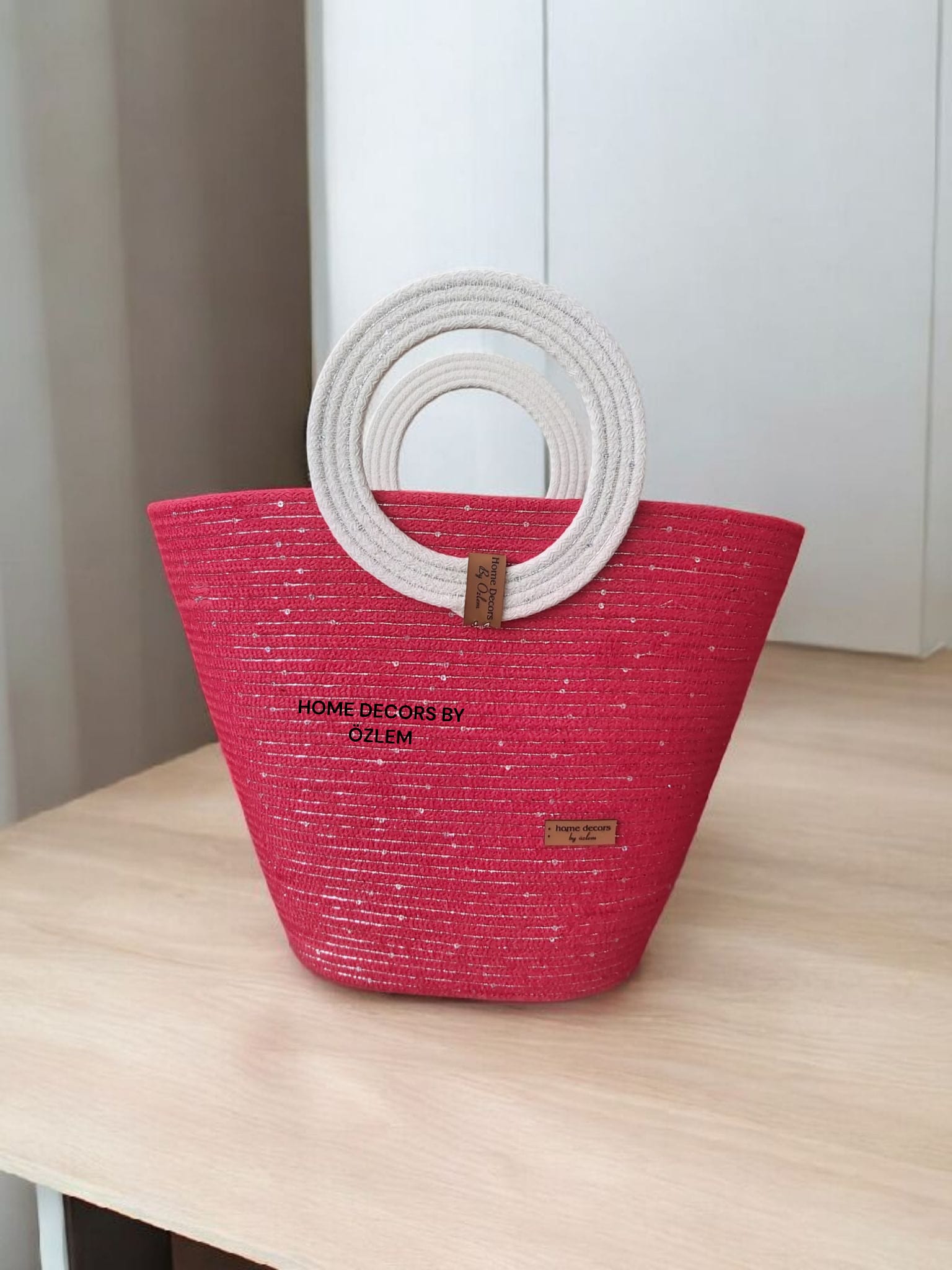 Kırmızı Ekru Işıltılı El Kol Plaj Çantası Günlük Çanta Hasır Çanta El Emeği Handmade - 40~42x30cm