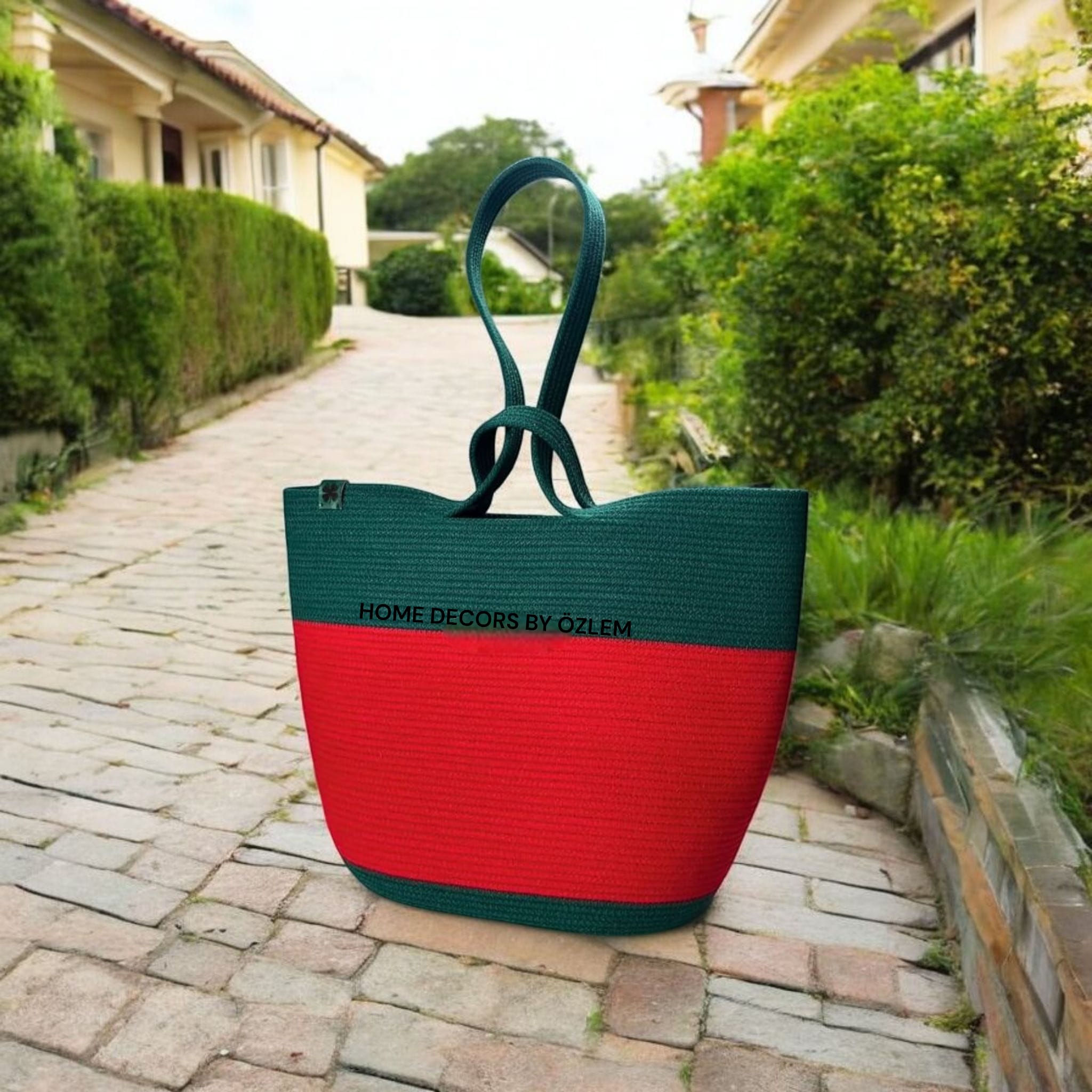 Nefti Yeşil Kırmızı Omuz Çantası Plaj Çantası Günlük Çanta Hasır Çanta El Emeği Handmade - 40~42x30cm
